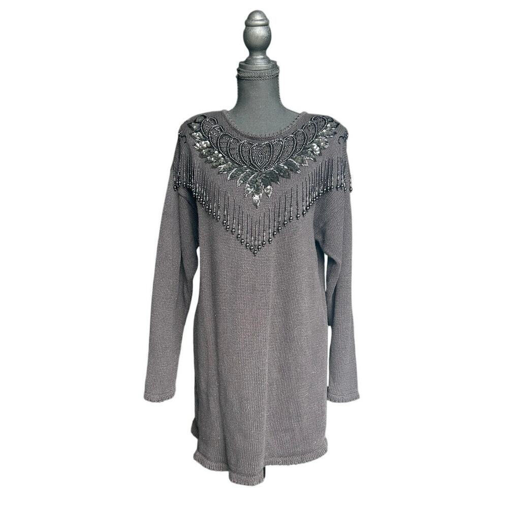 Vintage Kathie Lee Beaded Fringe Sweater — L